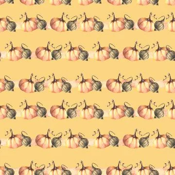 Seamless pumpkins striped pattern. Isolated yellow background. Watercolor i.. Stock Illustration