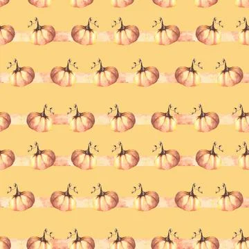 Seamless pumpkins striped pattern. Isolated yellow background. Watercolor i.. Stock Illustration