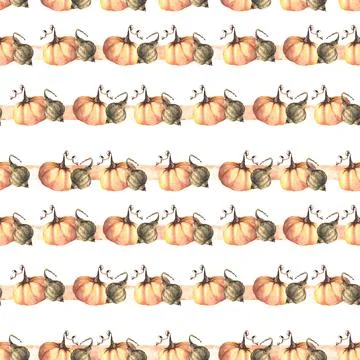 Seamless pumpkins striped pattern. Isolated white background. Watercolor Stock Illustration