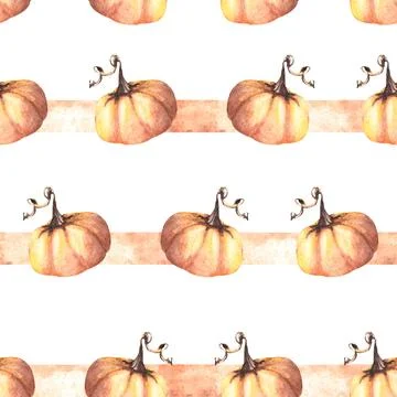 Seamless pumpkins striped pattern. Isolated white background. Watercolor Stock Illustration