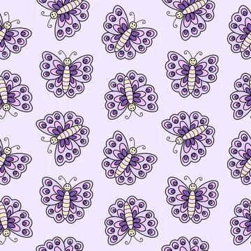 Seamless Purple Butterfly Pattern on Soft Lavender Background Stock Illustration