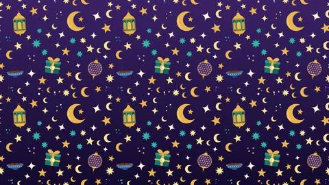 Seamless purple Eid pattern of lanterns, crescents, gifts, dates and stars,.. Stock Illustration