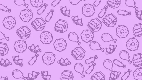 Seamless purple food icon pattern with donuts milk cartons and chicken Stock Footage 329323668