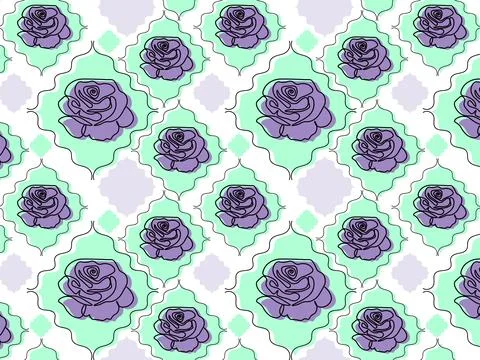 Seamless purple green pattern with diamonds and roses 스톡 일러스트