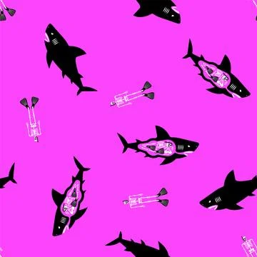Seamless purple pattern with black sharks and bones. Marine predator design.. Illustrazione stock