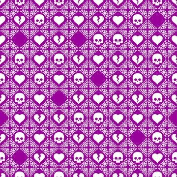 Seamless purple pattern with skulls, hearts, and ornaments, symbolizing got.. イラスト素材