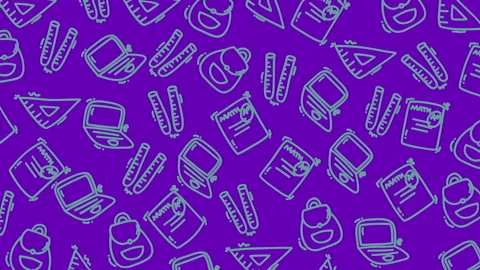 Seamless purple school supplies pattern with education icons Stock Footage 328878051