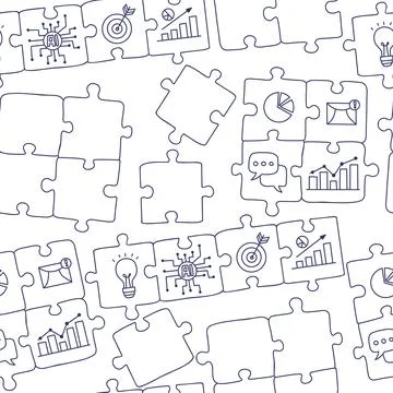 Seamless Puzzle Doodle Pattern. Outline AI Chip, Circuit Lines, Gears, Chat.. Stock Illustration