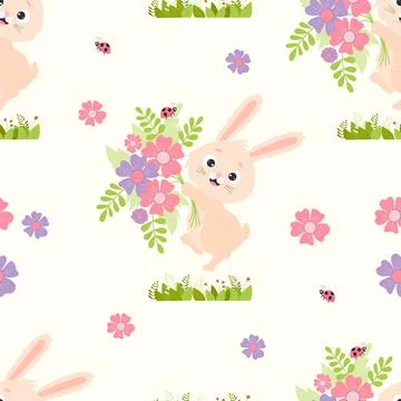 Seamless rabbit pattern. Cute bunny with bouquet and ladybug on white backgro 스톡 일러스트
