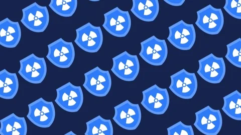 Seamless radiation protection pattern with shield and hazard icons on dark blue Stock Footage 329383580