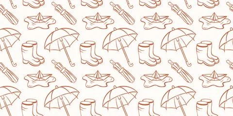 Seamless rain autumn pattern with umbrella, rubber boot and paper boat. Line art Stock Illustration