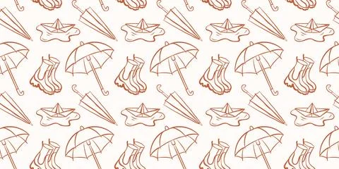 Seamless rain pattern with umbrella, rubber boot and paper boat in line art Stock Illustration