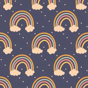 Seamless rainbow and cloud pattern on dark background Stock Illustration