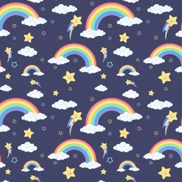Seamless rainbow with cloud and star pattern on dark blue background Stock Illustration