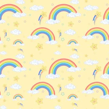 Seamless rainbow with cloud and star pattern on yellow background Stock Illustration