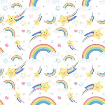 Seamless rainbow with cloud and star pattern on white background Stock Illustration