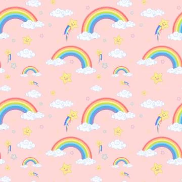 Seamless rainbow with cloud and star pattern on pink background Stock Illustration