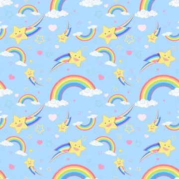 Seamless rainbow with cloud and star pattern on bright blue background Stock Illustration