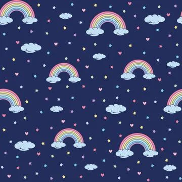 Seamless rainbow cloud hearts and sky illustration retro style background pat Stock Illustration