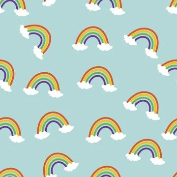 Seamless rainbow cloud pattern with sky blue background,seamless rainbow Stock Illustration