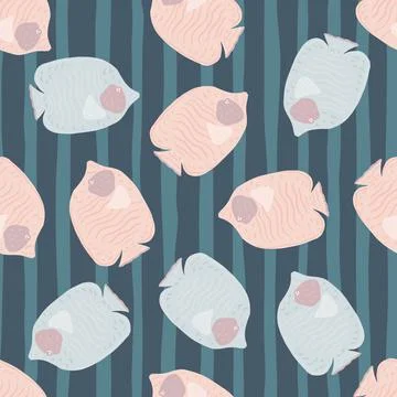 Seamless random aquatic pattern with light blue and pink butterfly fish silho Stock Illustration