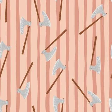 Seamless random armor pattern with viking ax silhouette. Light pink striped b Stock Illustration