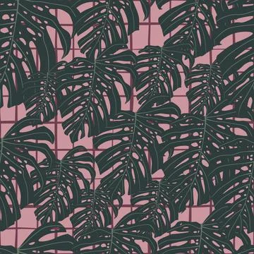 Seamless random dark botanic pattern with monstera leaf ornament. Pink cheque Stock Illustration