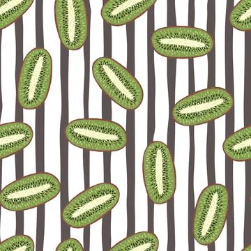 Seamless random decorative pattern with green kiwi shapes print. Grey and whi Stockillustratie