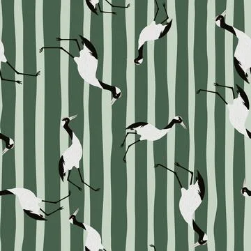 Seamless random doodle pattern with simple crane bird silhouettes ornament. G Stock Illustration