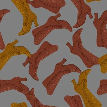 Seamless random pale fall style ornament boots pattern. Maroon and ocher fash Stock Illustration