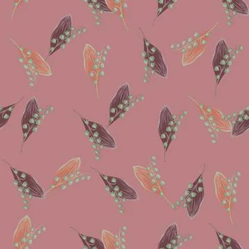 Seamless random pattern with abstract doodle lily of the valley shapes. Pale  Illustrazione stock