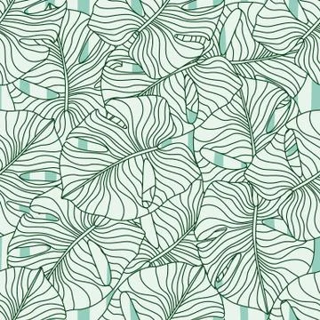 Seamless random pattern with abstract flat monstera leaves. Green contoured o Illustrazione stock