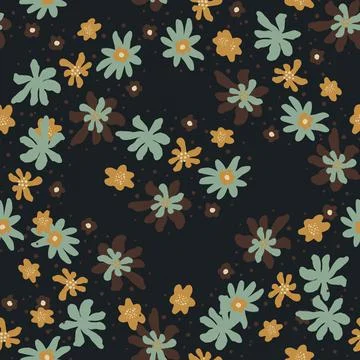 Seamless random pattern with blue and orange colored flowers shapes. Dark bac Illustrazione stock