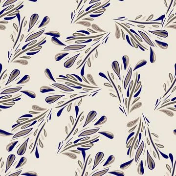 Seamless random pattern with blue foliage leaves ornament. Light grey backgro Stock Illustration