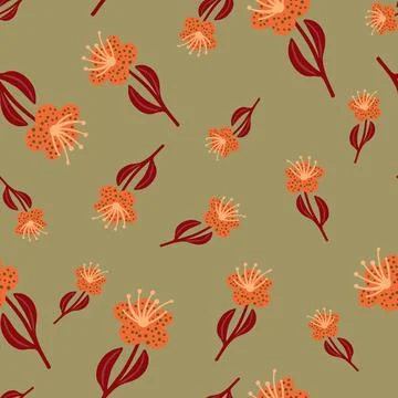Seamless random pattern with botanic orange flowers random print. Green olive Illustrazione stock