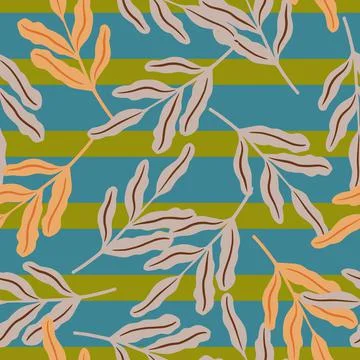 Seamless random pattern with botanic simple contoured leaf branches. Green an Stock Illustration