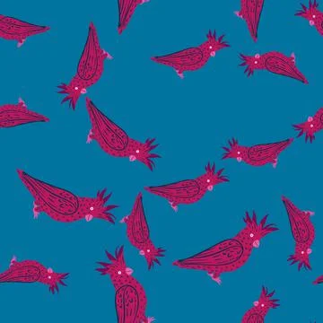 Seamless random pattern with bright pink colored cockatoo parrot shapes. Blue Stock Illustration