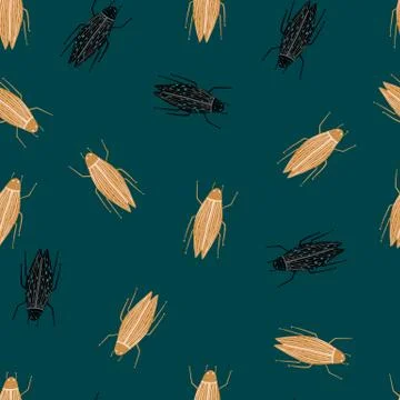 Seamless random pattern with bugs beige and black silhouettes. Dark turquoise 스톡 일러스트