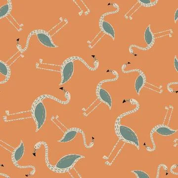 Seamless random pattern with cartoon blue and grey colored flamingo elements. Stock Illustration