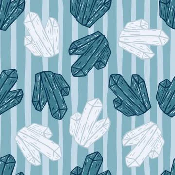 Seamless random pattern with cartoon crystal elements in blue tones. Striped  Illustrazione stock