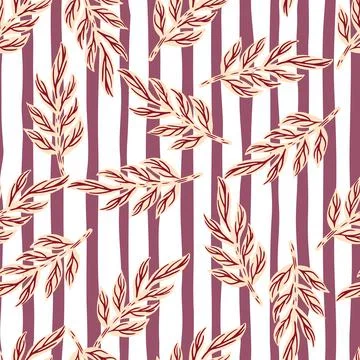 Seamless random pattern with contoured leaf branches ornament. Striped white  Illustrazione stock