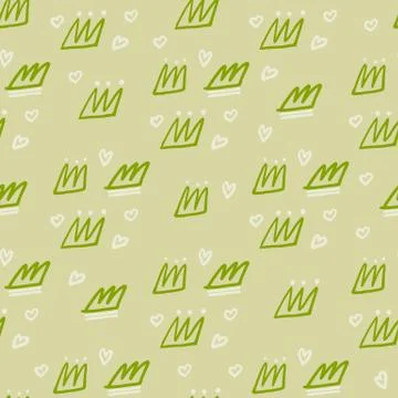 Seamless random pattern with crown elements and hearts. Outline ornament with Illustrazione stock