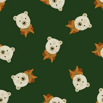 Seamless random pattern with doodle bear head ornament. Green olive backgroun Stock Illustration