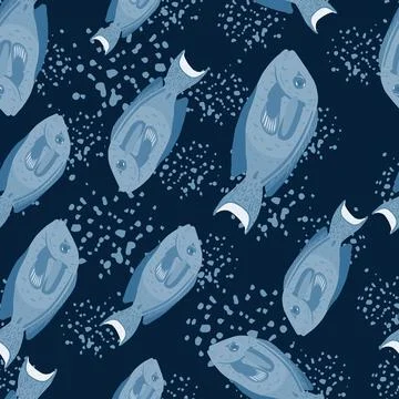 Seamless random pattern with doodle blue surgeon fish silhouettes. Dark navy  Stock Illustration