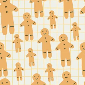 Seamless random pattern with doodle gingerbread man cookies. Orange colored b Stock Illustration