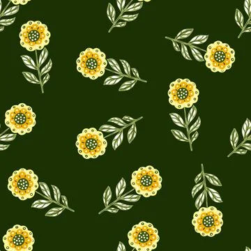 Seamless random pattern with doodle hand drawn orange folk flowers silhouette Stock Illustration