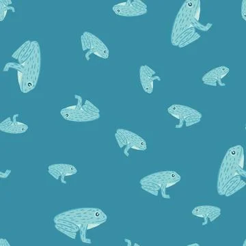 Seamless random pattern with doodle kids frog ornament print. Blue colored an Stock Illustration