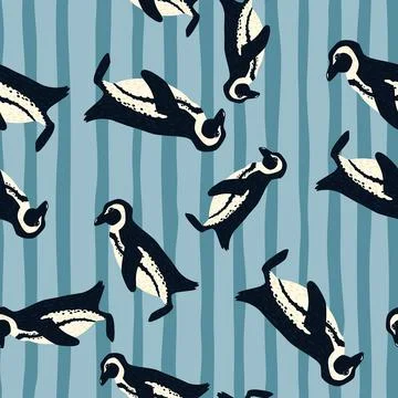 Seamless random pattern with doodle simple penguins shapes. Blue striped back Stock Illustration