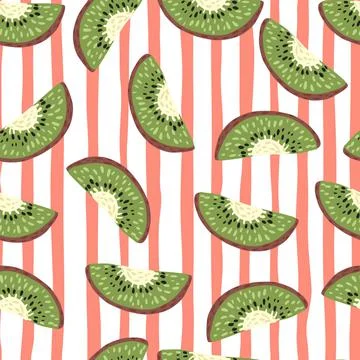 Seamless random pattern with green simple kiwi slice shapes. Red and white st Illustrazione stock