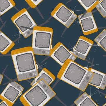 Seamless random pattern with grey retro tv technic print. Dark turquoise back Illustrazione stock